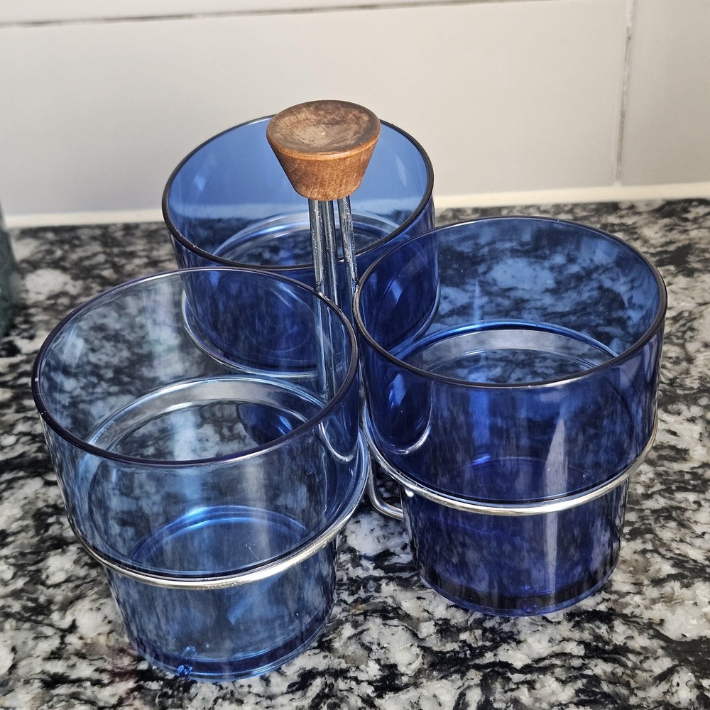 Vintage cobalt blue‎ tumbler set with metal MCM caddy